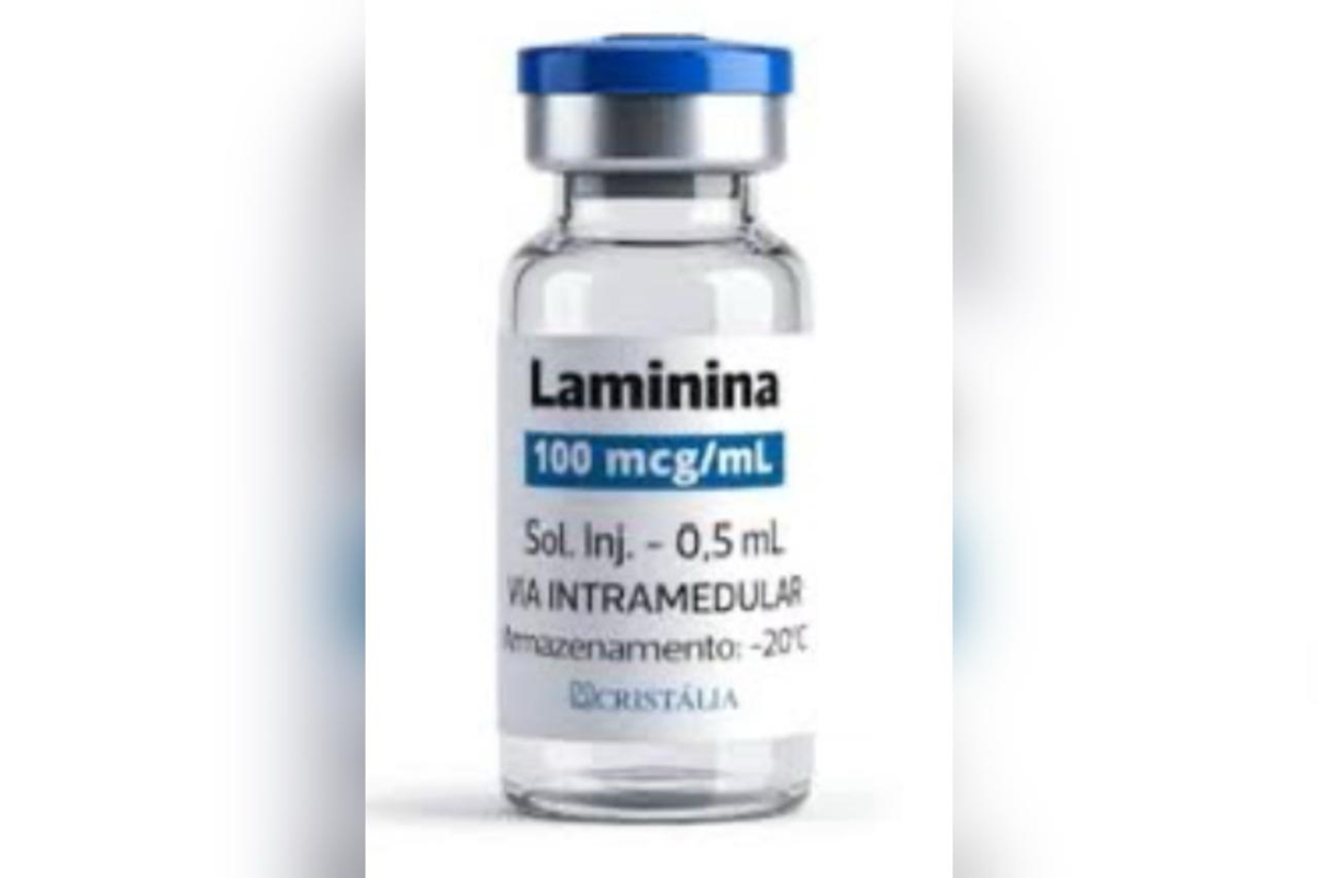 1 de 1 Imagem mostra um frasco de laminina/polilaminina em fundo branco. Metrópoles - Foto: Divu...