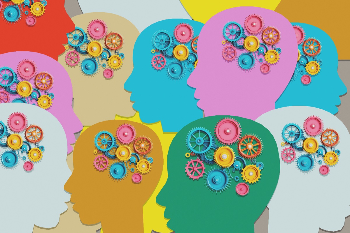 1 de 1 Ilustração colorida de várias pessoas com engrenagens no cérebro - Neuropsicóloga exp...