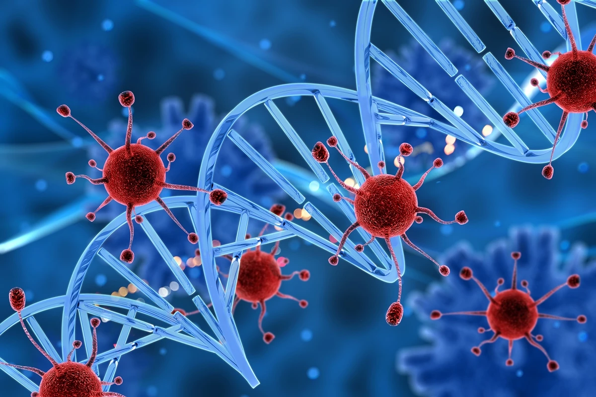 1 de 1 Renderização 3D de células virais atacando uma fita de DNA. Metrópoles - Foto: Kparget...