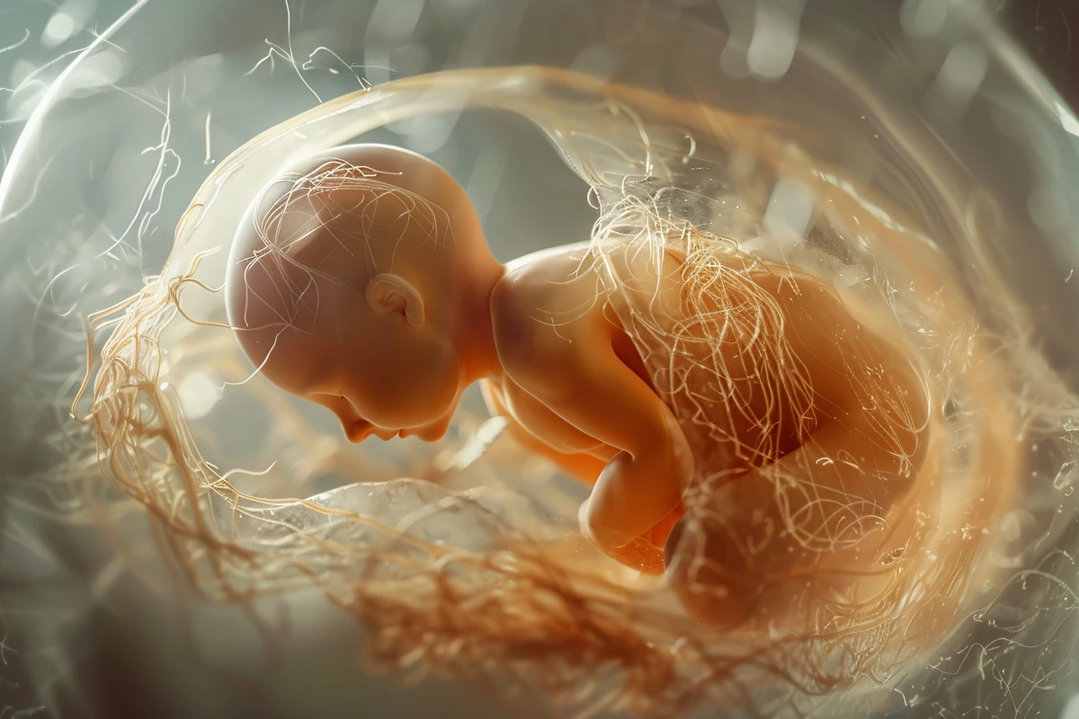 1 de 1 Ilustração colorida de feto, envolto numa placenta, dentro do organismo da mãe - Metró...