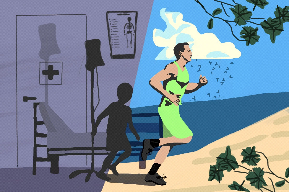 1 de 1 Ilustração mostra uma criança em um hospital e um adulto correndo na praia - Metrópole...