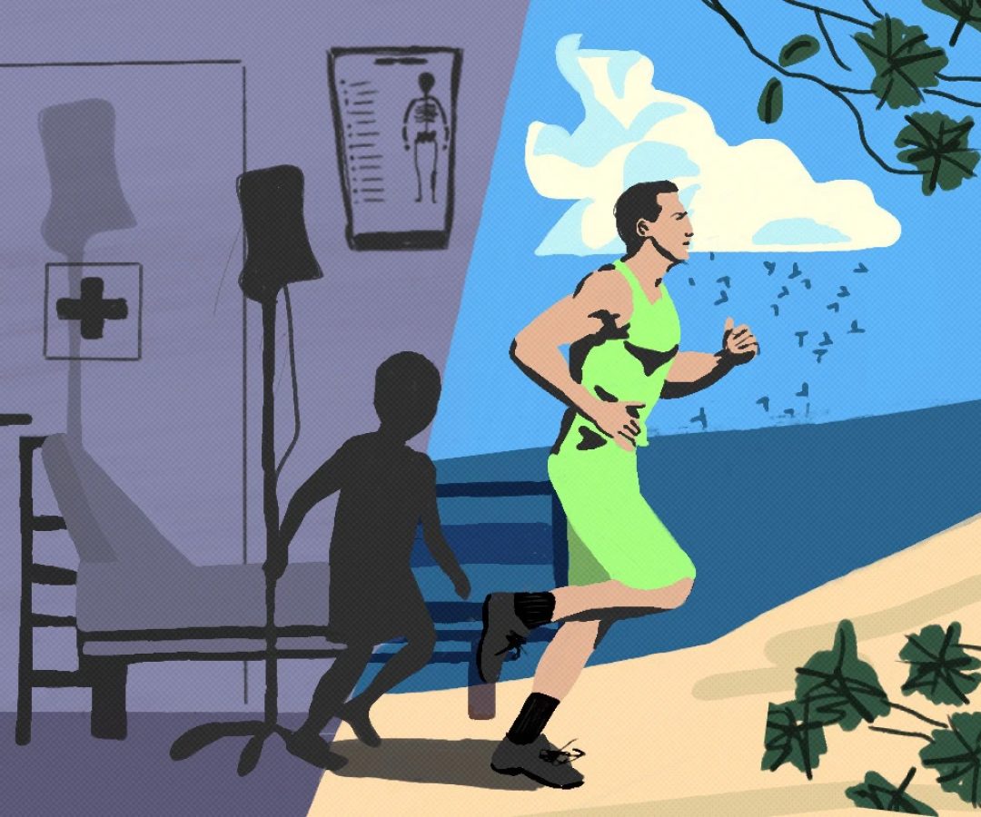 1 de 1 Ilustração mostra uma criança em um hospital e um adulto correndo na praia - Metrópole...