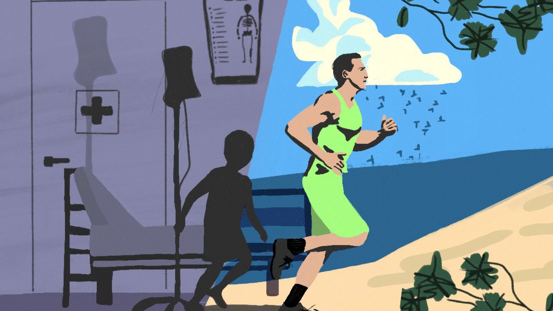 1 de 1 Ilustração mostra uma criança em um hospital e um adulto correndo na praia - Metrópole...