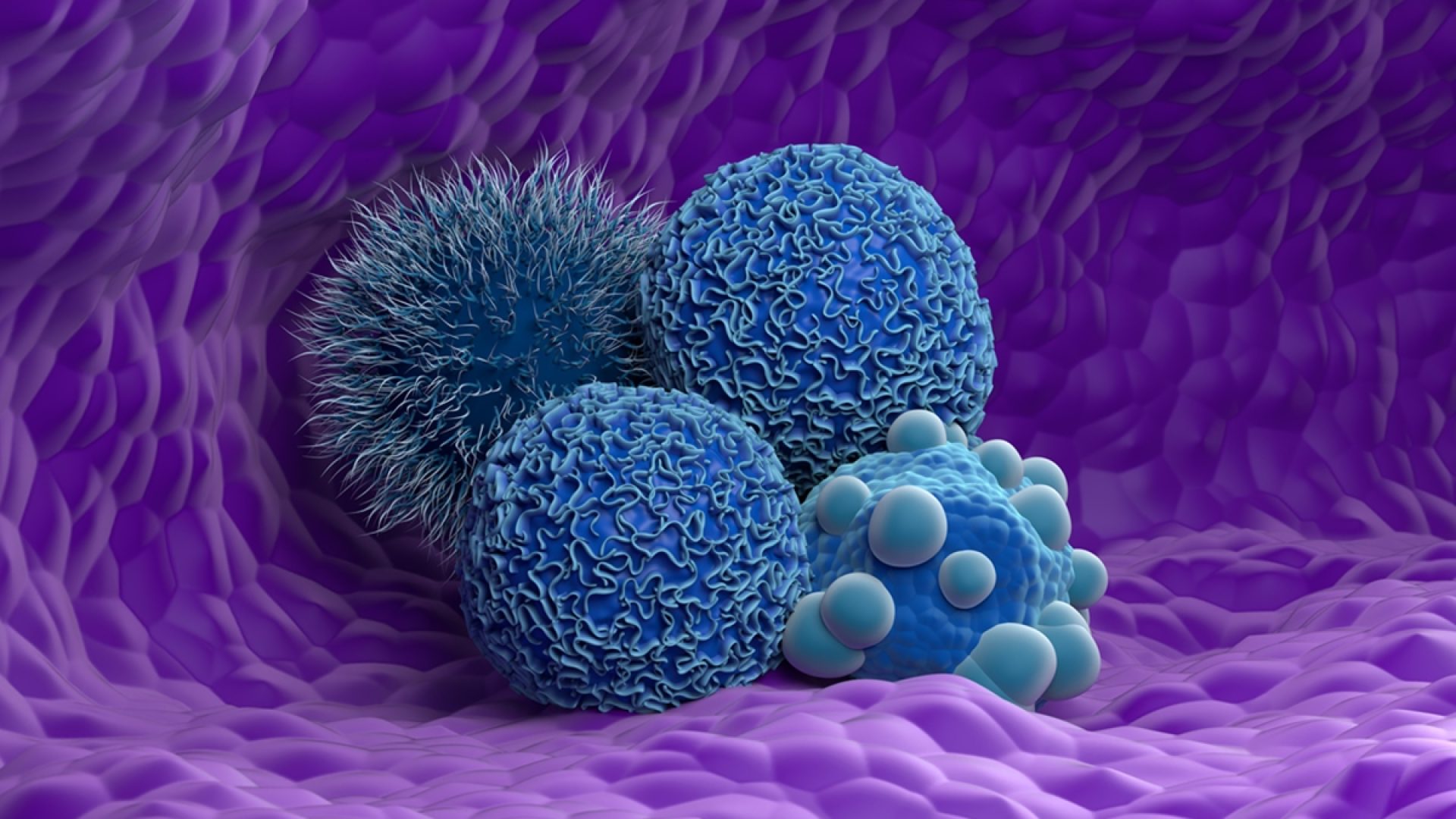 1 de 1 Ilustração mostra células cancerígenas em azul, em um fundo roxo - 6 tipos de câncer ...