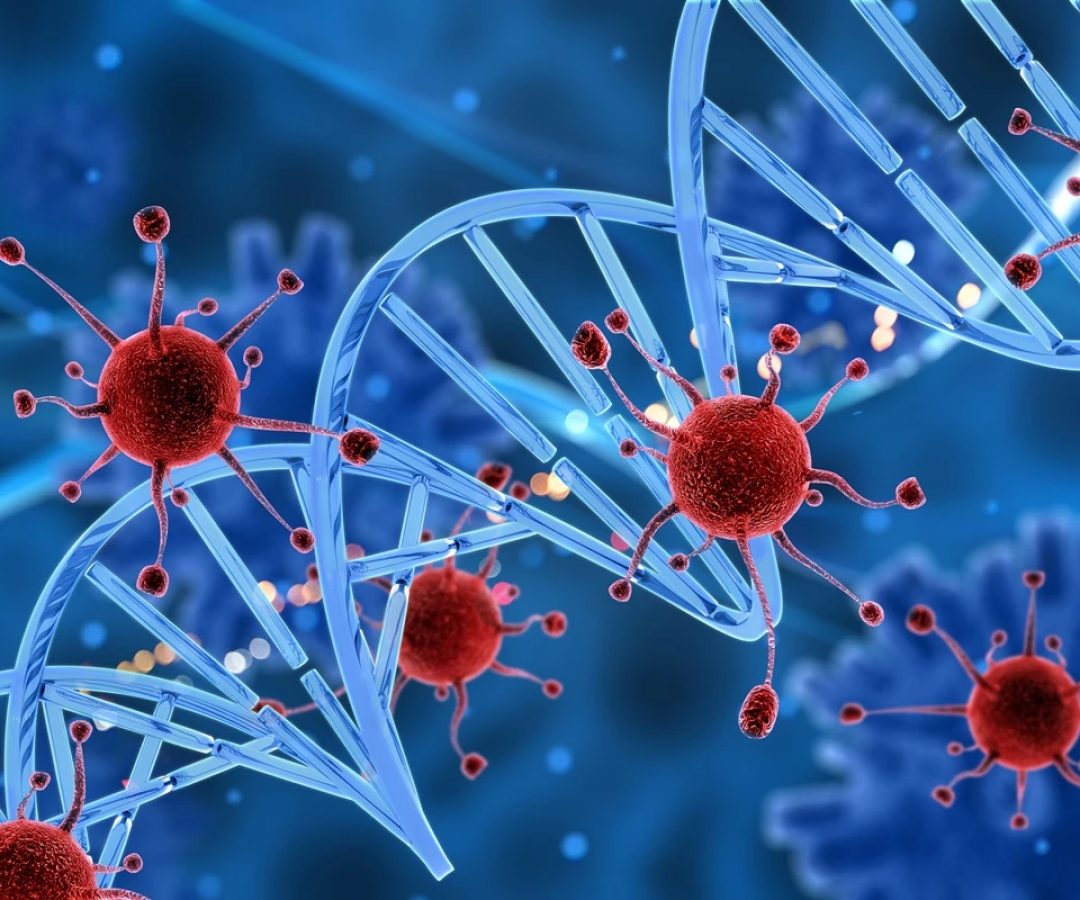 1 de 1 Renderização 3D de células virais atacando uma fita de DNA. Metrópoles - Foto: Kparget...