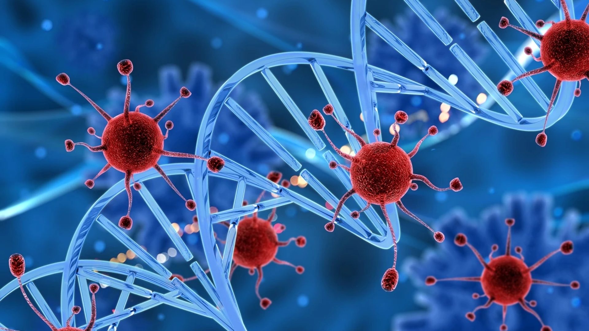 1 de 1 Renderização 3D de células virais atacando uma fita de DNA. Metrópoles - Foto: Kparget...