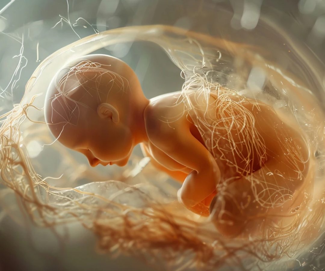 1 de 1 Ilustração colorida de feto, envolto numa placenta, dentro do organismo da mãe - Metró...