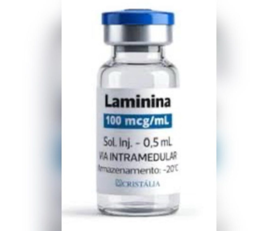 1 de 1 Imagem mostra um frasco de laminina/polilaminina em fundo branco. Metrópoles - Foto: Divu...