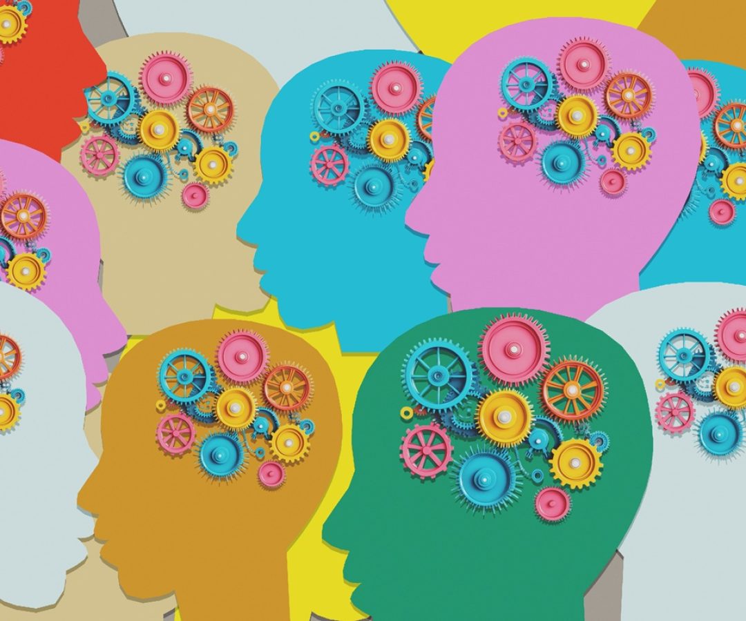 1 de 1 Ilustração colorida de várias pessoas com engrenagens no cérebro - Neuropsicóloga exp...